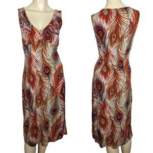 BCBG Dresses Large orange blue Peacock Feather print‎ Vintage Empire Waist Y2K